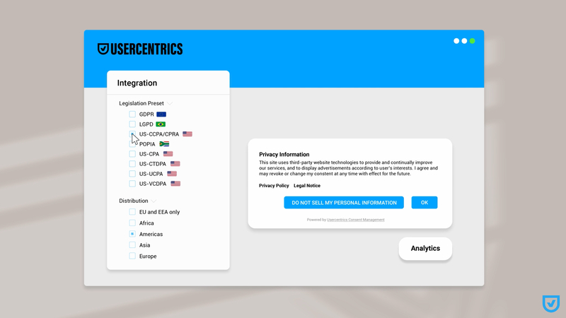Screenshot of the Usercentrics CMP setup, showing checkbox options for various international privacy regulations and regions, as well as a corresponding banner text and consent option visual preview.