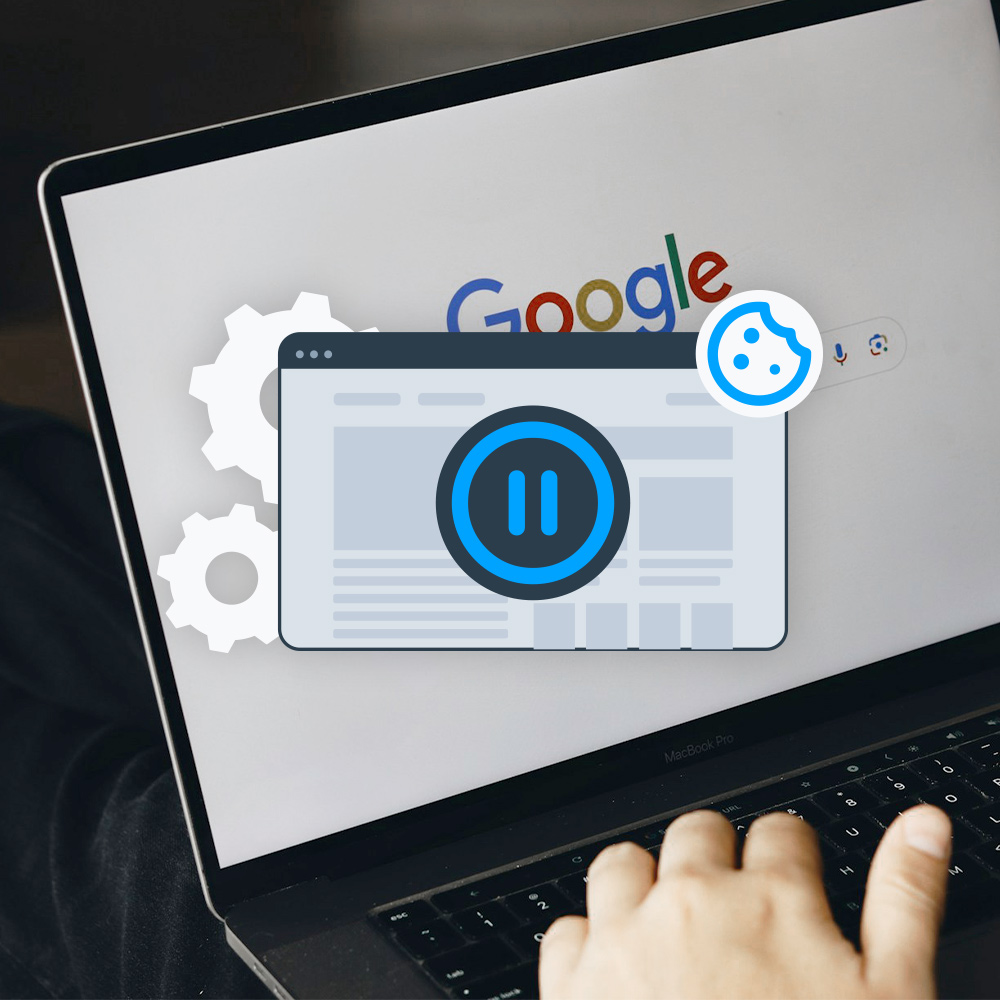 Image of a laptop with a Google search page open and an illustration on top