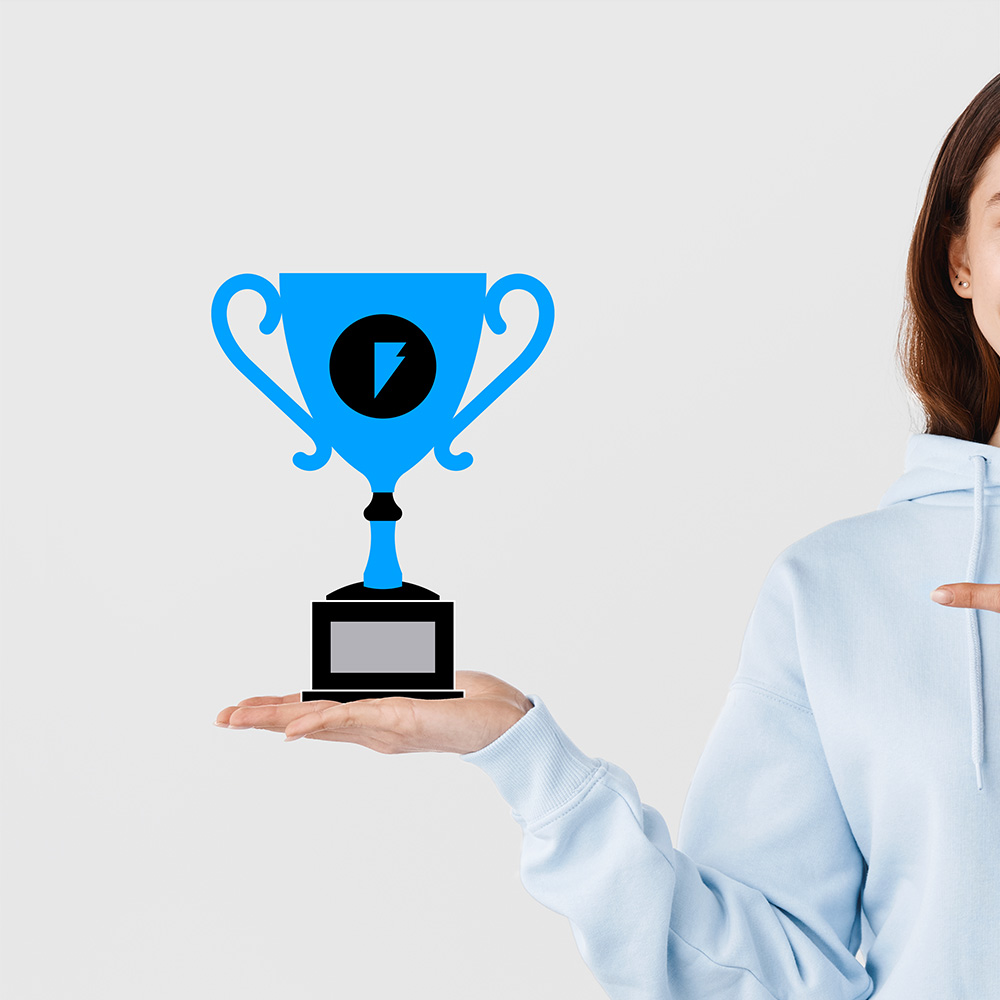 Woman holding trophy with Termly logo