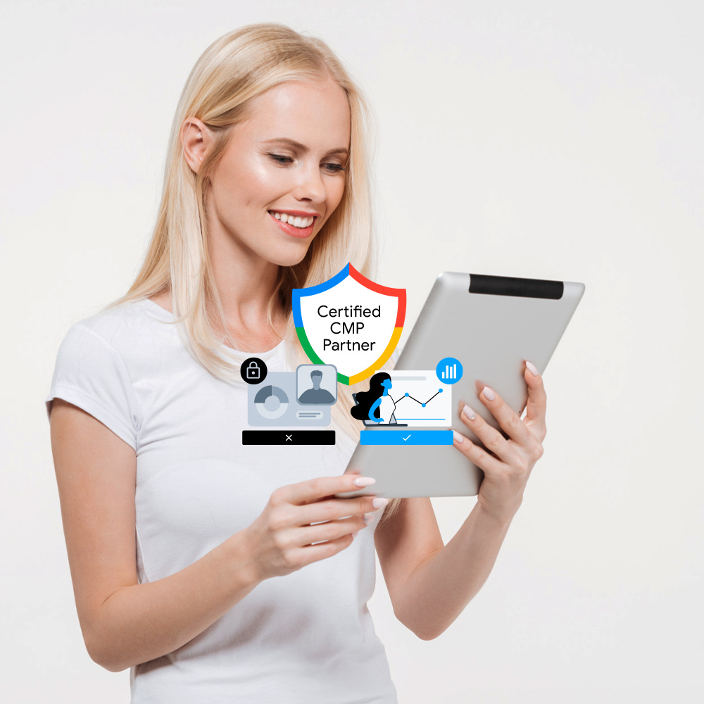 Image of a woman with a tablet and some icons related to Google Consent Mode