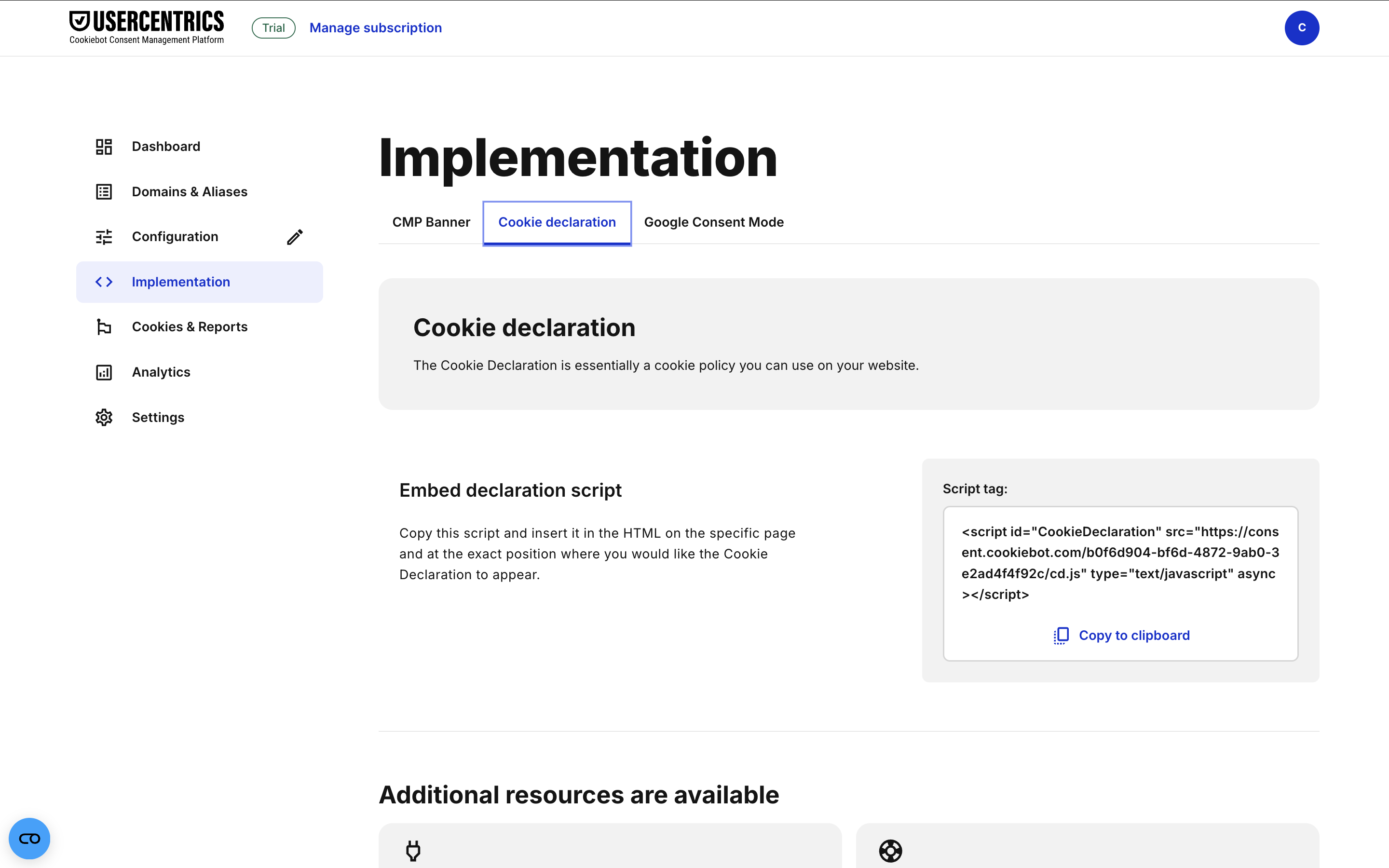 Image showing Cookie declaration implementation page