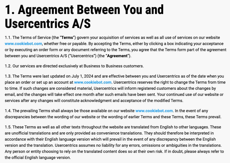 Screenshot of Usercentrics Cookiebot’s Terms of Service 