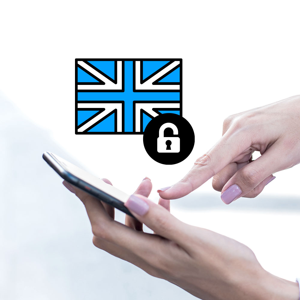 finger tapping on the touchscreen of the phone, UK flag with an unlock icon