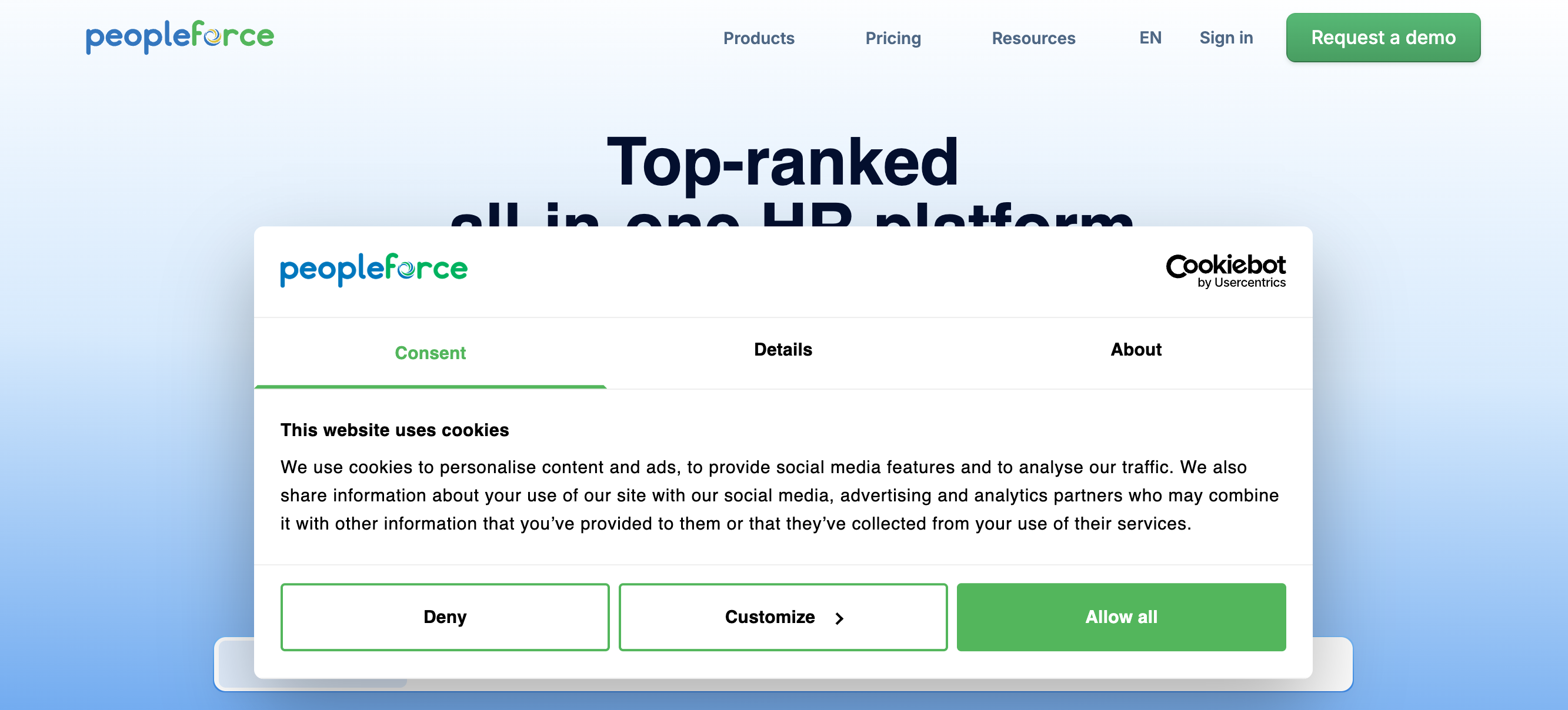 Screenshot of cookie banner from the website peopleforce