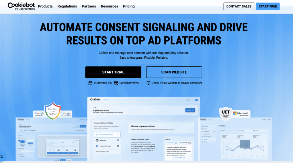 Homepage of Cookiebot in January 2026