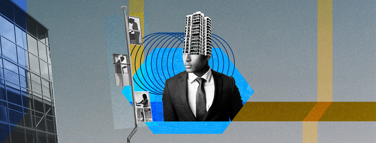 Illustration of a man and buildings