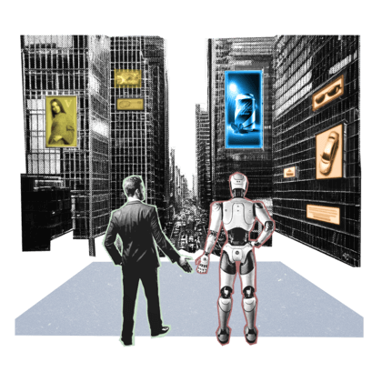 Illustration showing a person walking with a robot
