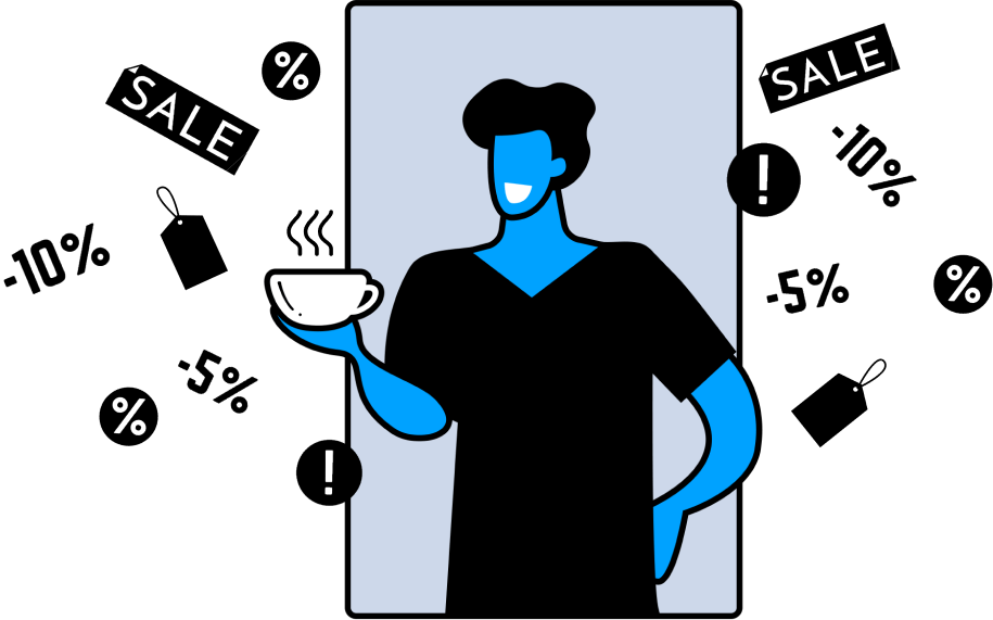 Illustration showing a relaxed person with discount signs around them