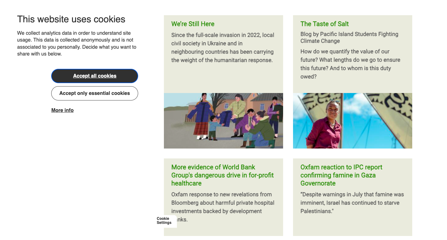 Consent banner on Oxfam website, showing the consent options on the left, with text about the analytics data they correct. On the right are cards highlighting some of the articles on the website.