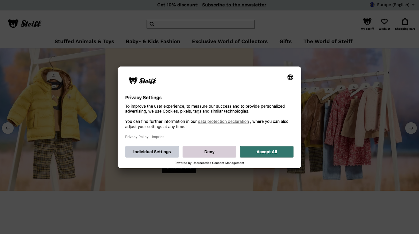 Screenshot of the consent banner on the Steiff website (a Usercentrics customer), which displays information about their use of cookies, tags, and similar technologies. There are also links to their data protection declaration, privacy policy, and imprint, and buttons for Individuals Settings, Deny, and Accept All.
