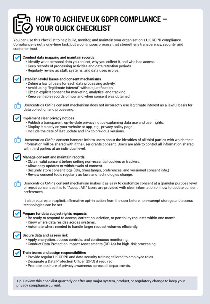 checklist of practical steps to achieve UK GDPR compliance