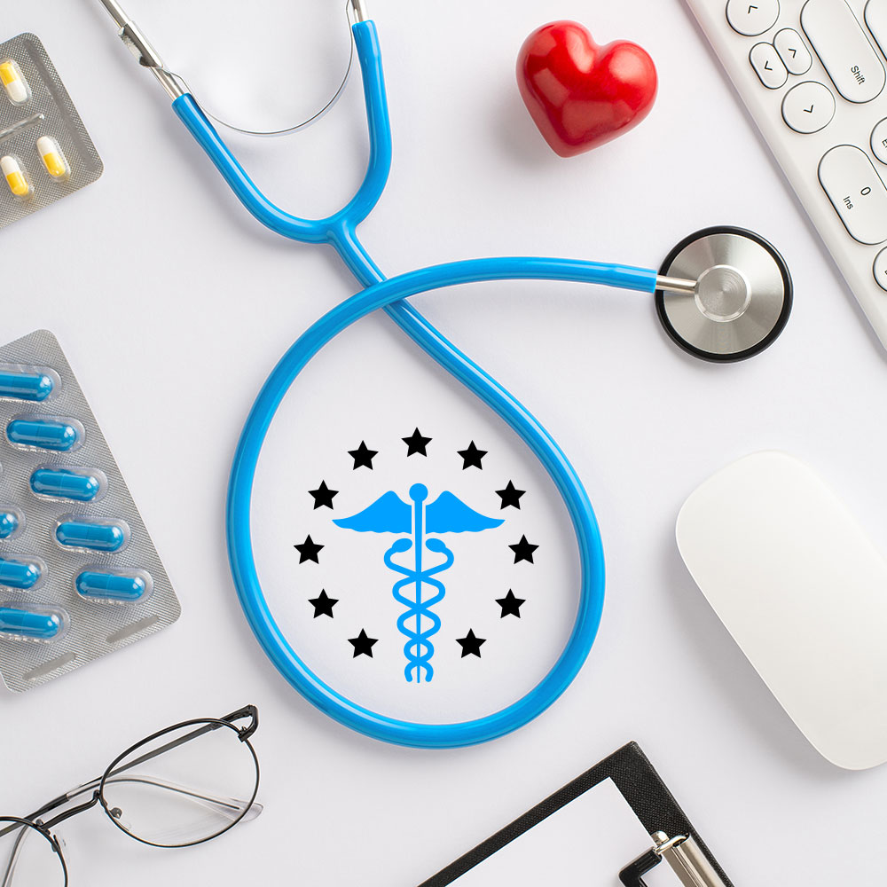 Image of medical equipment and the medicina symbol in the middle