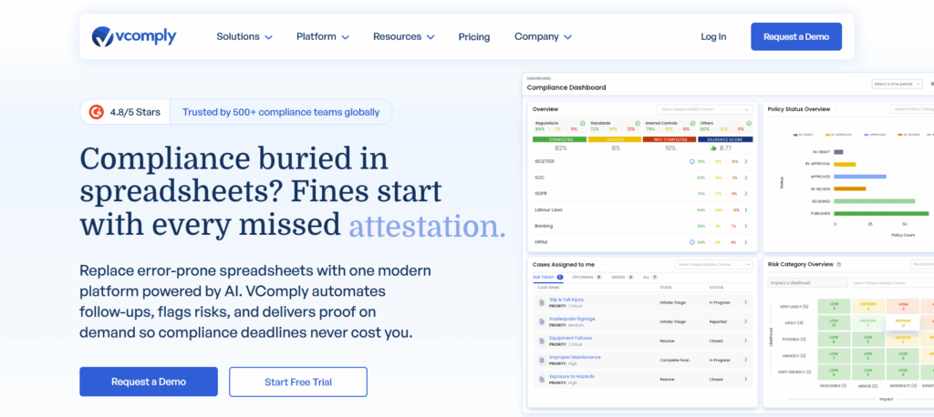 Screenshot of VComply homepage