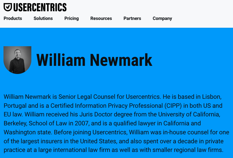 Screenshot from an author page, in this case William Newmark, in Usercentrics