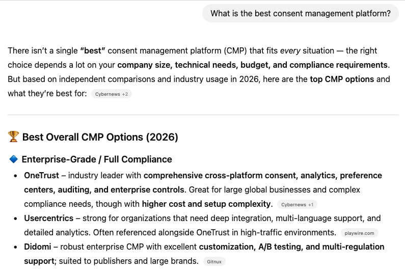 Screenshot of a chat with an AI tool about the best CMPs