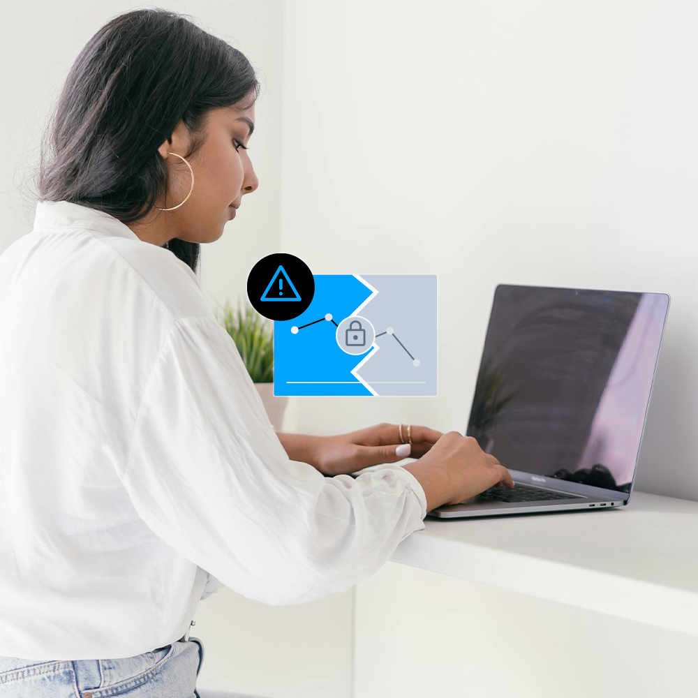 Image of a woman using a laptop and an illustration of a dashboard on top