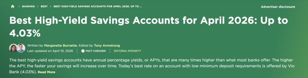 Nerdwallet announces Best High-Yield Savings Accounts for April 2026: Up to 4.03%