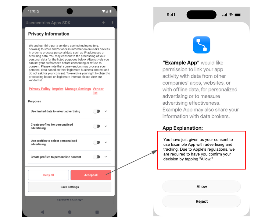 Concept illustration of an iOS consent flow with a Usercentrics App CMP banner followed by the Apple ATT prompt