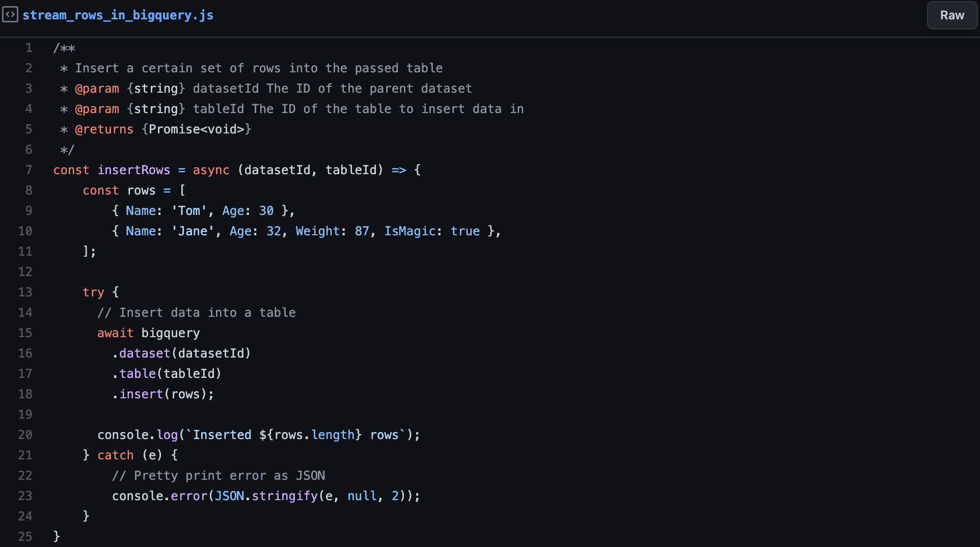 stream rows in bigquery