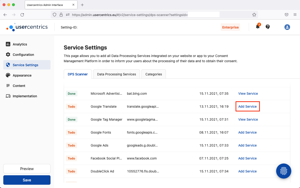 Settings Add service