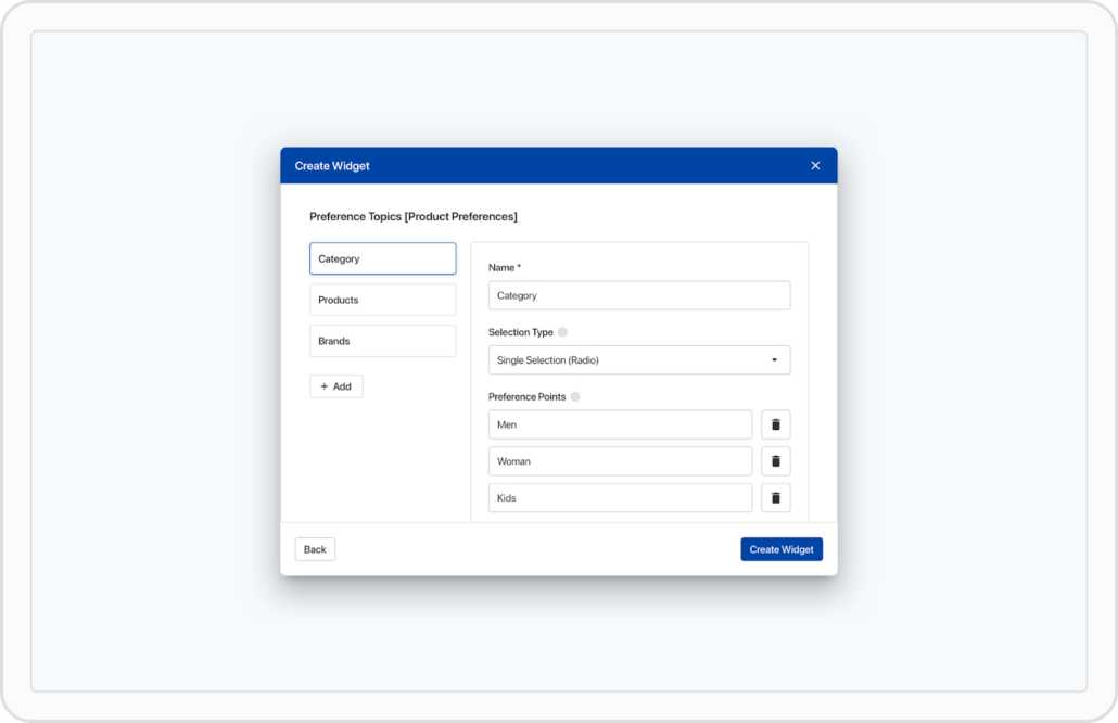 The Usercentrics Preference Manager enables you to create custom widgets to collect granular consumer data.