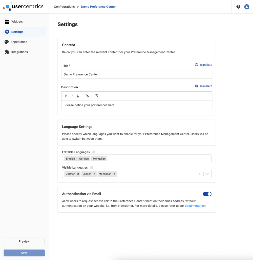 Easily customize your Preference Center portal with Usercentrics Preference Manager