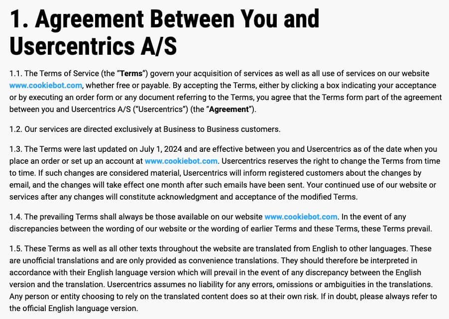 Screenshot of Usercentrics Cookiebot’s Terms of Service